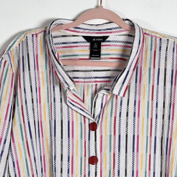 Ali Miles Button Front Tunic Shirt Sz 3X Rainbow Stripe 3/4 Sleeve Wire Collar - Picture 5 of 10